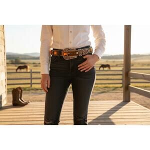 BB Simon Crystal Rhinestone Western Belt Orange Swarovski Cowhide L Rare